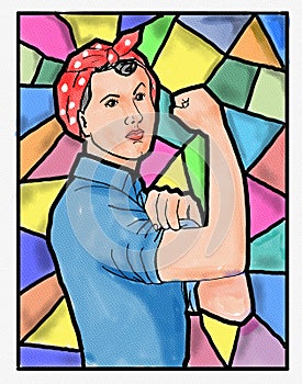 Rosie the Riveter Flexing Her Muscles  Done in Stain Glass Window Style Watercolor Illustration