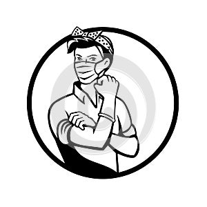 Rosie The Riveter Wearing Mask Circle Black and White