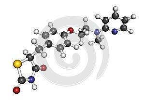 Rosiglitazone diabetes drug molecule. 3D rendering. Atoms are represented as spheres with conventional color coding: hydrogen (