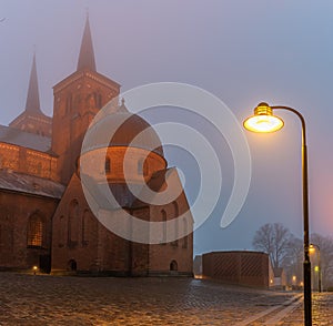 Roskilde cathedral and a streetlight in a misty winter night