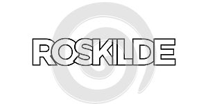 Roskilde in the Denmark emblem. The design features a geometric style, vector illustration with bold typography in a modern font.
