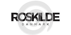 Roskilde in the Denmark emblem. The design features a geometric style, vector illustration with bold typography in a modern font.