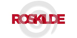 Roskilde in the Denmark emblem. The design features a geometric style, vector illustration with bold typography in a modern font.