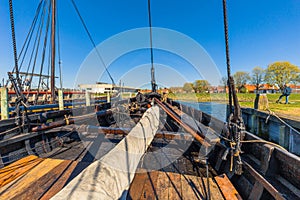 Roskilde, Denmark - May 01, 2017: Viking long boats in the harbor of Roskilde
