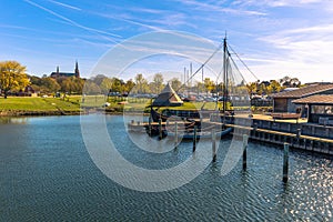 Roskilde, Denmark - May 01, 2017: Viking long boats in the harbor of Roskilde