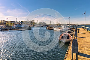 Roskilde, Denmark - May 01, 2017: Viking long boats in the harbor of Roskilde