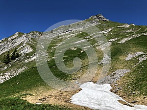 Rossalplispitz or Rossaelplispitz Mountain above the valley Wagital and alpine Lake Wagitalersee Waegitalersee, Innerthal