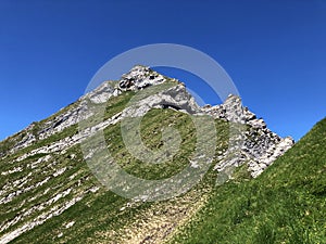 Rossalplispitz or Rossaelplispitz Mountain above the valley Wagital and alpine Lake Wagitalersee Waegitalersee, Innerthal