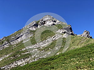 Rossalplispitz or Rossaelplispitz Mountain above the valley Wagital and alpine Lake Wagitalersee Waegitalersee, Innerthal