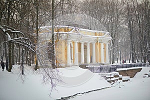 Rossi Pavilion in Mikhailovsky garden on cold and snowy winter day in Saint Petersburg, Russia