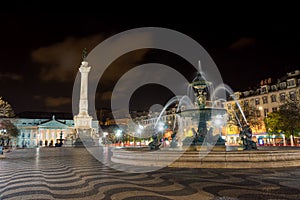 Rossio or Pedro IV Square at night in Lisbon