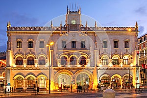 Rossio Railway Station at night, Lisbon, Portugal