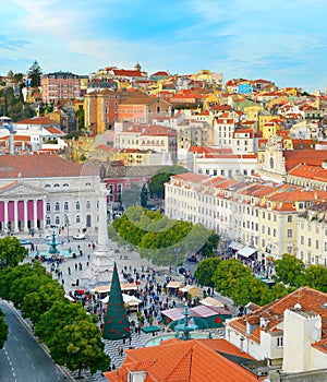 Rossio square overview. Lisbon, Portugal