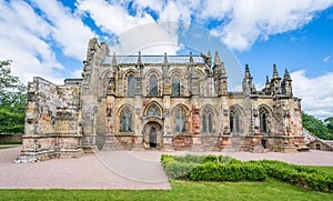 Rosslyn Chapel on a sunny summer day, located at the village of Roslin, Midlothian, Scotland.