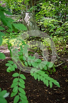 Rossokha radioactive vehicles graveyard in Chernobyl, genicological armchair in the courtyard of high rise 2021