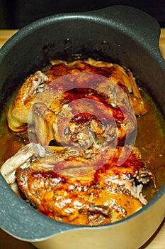 Rosted Chicken. appetizing roast turkey and potatoes in the oven