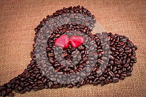 rosted coffee beans with heart chocolates