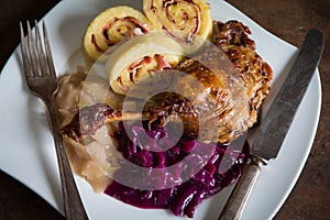 Rosted duck leg with cabbage and dumplings