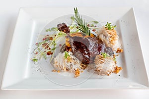 Rosted duck steak on white plate