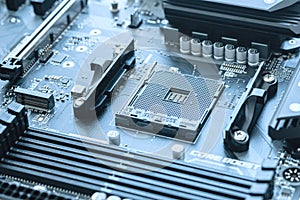 Rostock, Germany - July 15, 2020: close-up of motherboard with processor