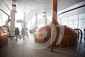 ROSTOV-ON-DON, RUSSIA - MARCH 2008: Copper boiler for brewing beer wort. Vintage vintage vat for creating beer drinks in the