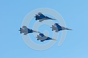 ROSTOV-ON-DON, RUSSIA - SEPTEMBER 3, 2017: An Russia Air Force Su-30 Flanker fighter aircraft of Russian Knights .