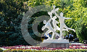 White sculpture of Olympians on embankment of Rostov-on-Don. Sunny days