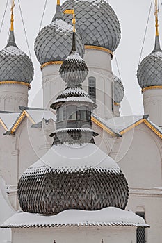 Rostov Kremlin Assumption ortodhox cathedral domes with snow