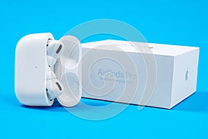 Rostov, Russia - July 06, 2020: Wireless headphones Apple AirPods Pro in opened charging case with active noise cancellation