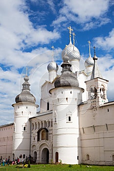 Rostov Veliky, Russia - Jun 21, 2015: Holy Gates and the Resurrection Church with belfry in the Kremlin of the Rostov