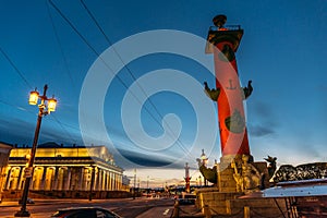 Rostral columns in the center of St. Petersburg, on the Spit of Vasilievsky Island