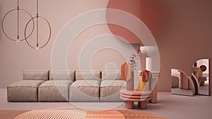 Rosy colored contemporary living room, pastel colors, sofa, vases, carpet, coffee tables, frosted glass panels, copper pendant