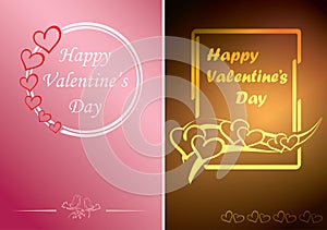 Rosy and gold valentine cards with vector hearts and greetings