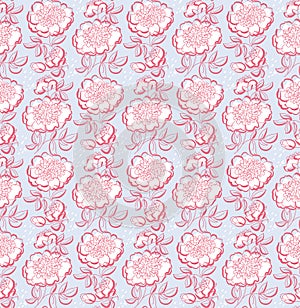 rosy peony floral sketch. spring flower vector illustration. black and white hand drawn seamless pattern. pastel color flowing mo