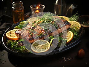 rosy salmon steak with lemon, avocado and herbs. AI generated