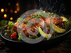 rosy salmon steak with lemon, avocado and herbs. AI generated