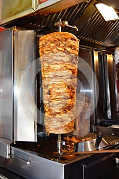 Rotary cooked Turkish chicken doner kebab