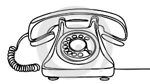 Rotary dial phone continuous line drawing. One line art of vintage home telephone