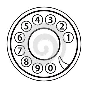 Rotary phone dial, old telephone numbers, abstract disk, retro vintage phone disc, outlined black isolated on white background, ve