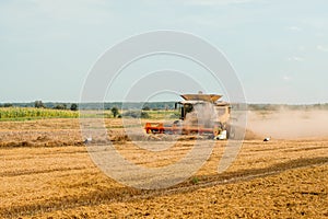 Rotary straw walker cut and threshes ripe wheat grain. Combine harvesters with grain header, wide chaff spreader reaping