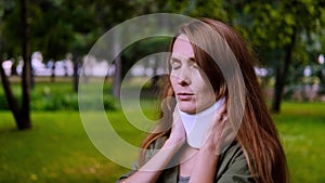 Rotary subluxation atlanta, a woman wears a cervical collar from injury, neck stretching, muscle pain, concussion