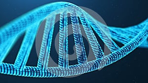 Rotated 3D rendered Artifical Intelegence DNA Molecule. DNA is converted into a binary code. Concept binary code genome