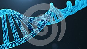 Rotated 3D rendered Digital DNA molecule, structure. Concept binary code human genome. DNA molecule with modified genes.