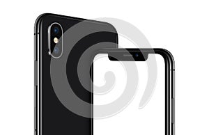 Rotated black smartphone similar to iPhone X mockup front and back sides cropped