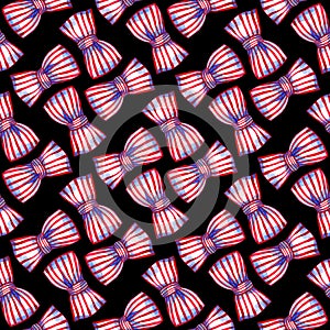 Rotated bows of striped ribbon and hearts on the dark background. Watercolor seamless pattern.