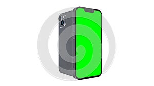 Rotated smartphone mockup front side with blank green screen and back side with dual camera module. Isolated on white background.