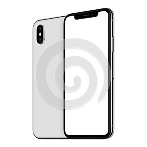 White rotated smartphones mockup similar to iPhone X front and back sides one behind the other isolated on white background photo