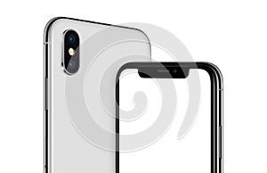 Rotated white smartphone mockup similar to iPhone X front and back sides cropped