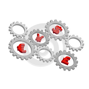 Rotating 3D gears with currency symbols inside