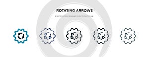 Rotating arrows icon in different style vector illustration. two colored and black rotating arrows vector icons designed in filled